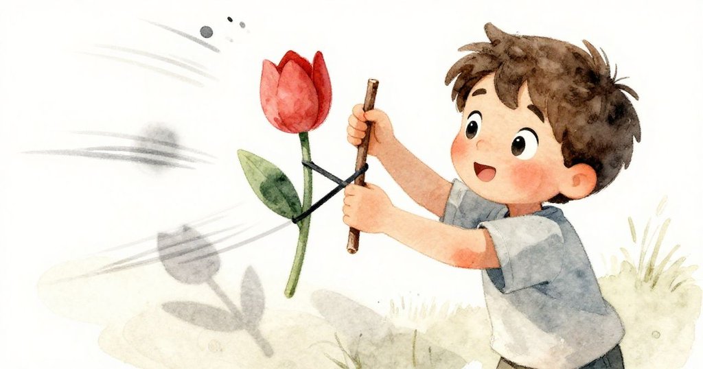 Forrest快速調整木偶，動態模糊展現添加木棒與橡皮圈動作，決心明顯，陰影與光線交錯突顯節奏。