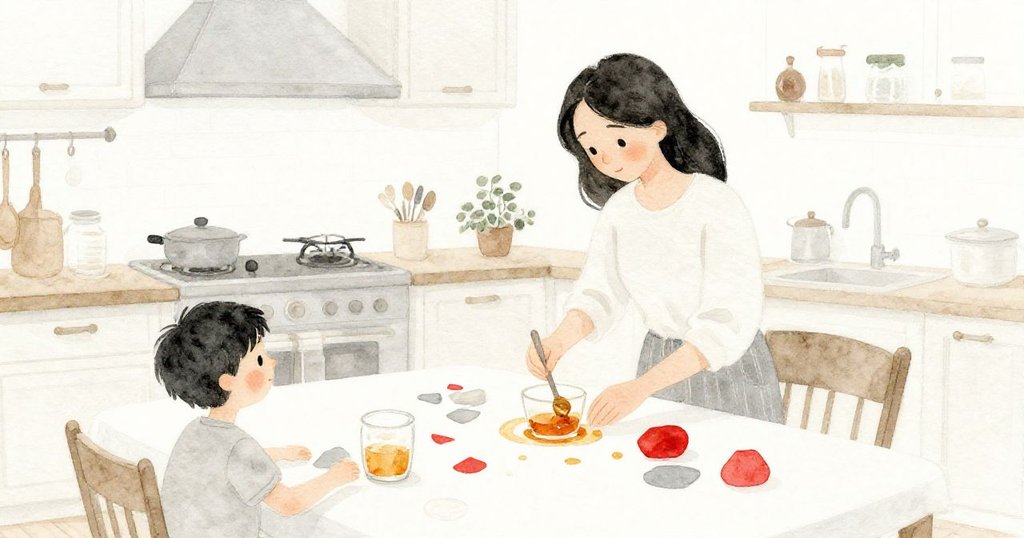 Delia在溫馨廚房中專注修剪造型，旁邊湯匙輕轉琥珀蜜，畫面充滿安逸，結束一天創意實驗。