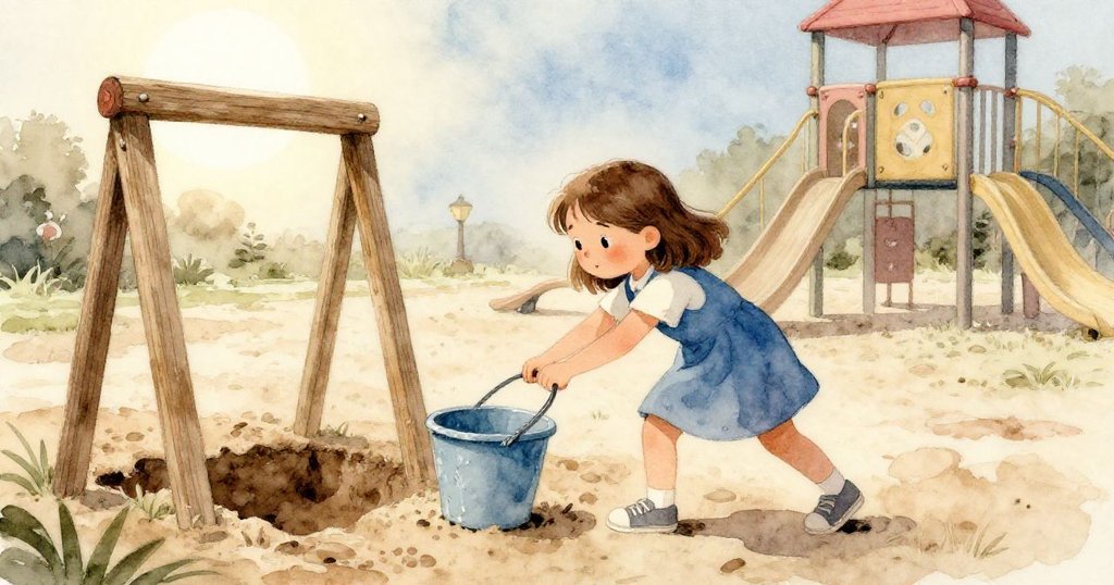 Ella在沙坑旁拉扯塑膠桶,背景有木質框架與部分日光映照,表情專注與期待。