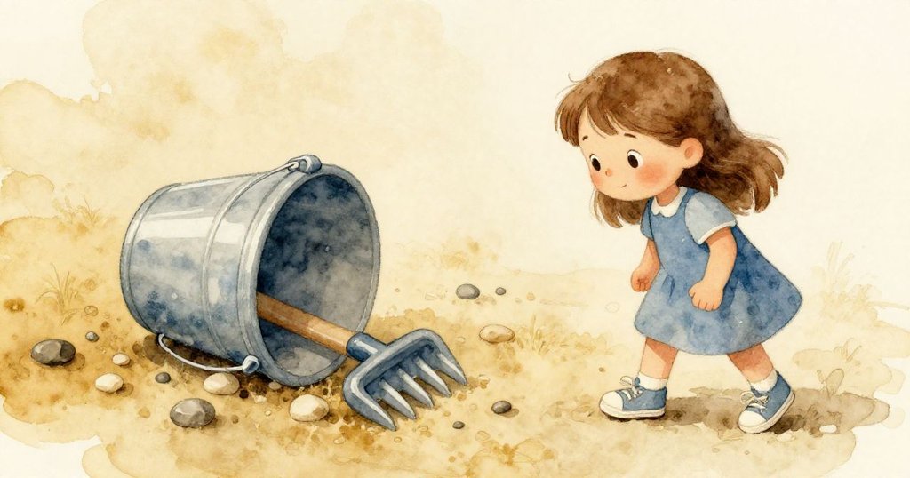 Ella的手輕觸沙坑中半埋的塑膠桶和滾動的小石子,對比強烈物品並映照出溫暖陽光。