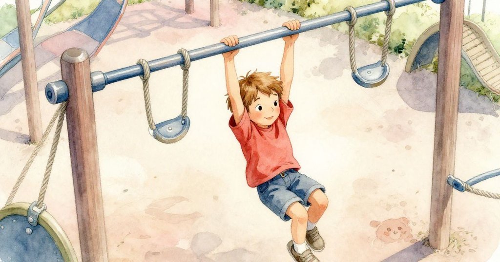 Gareth在鞦韆式的猴架上俯瞰操場,微微耸肩,背景呈現柔和陽光與連環索細節。