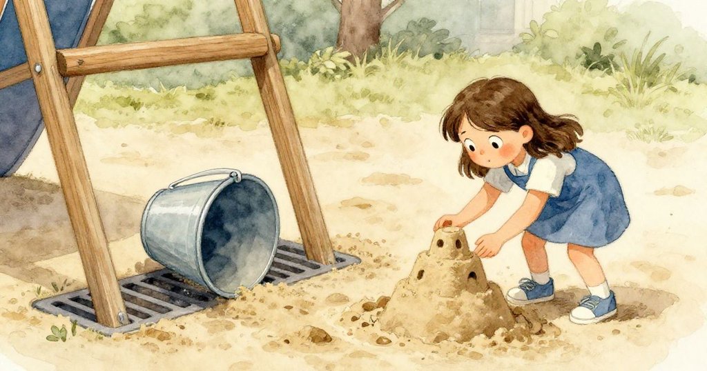 風起時,塑膠桶猛滾向排水口,被木框擋住;Ella迅速舀沙固塔,展現堅定表情緊張瞬間。