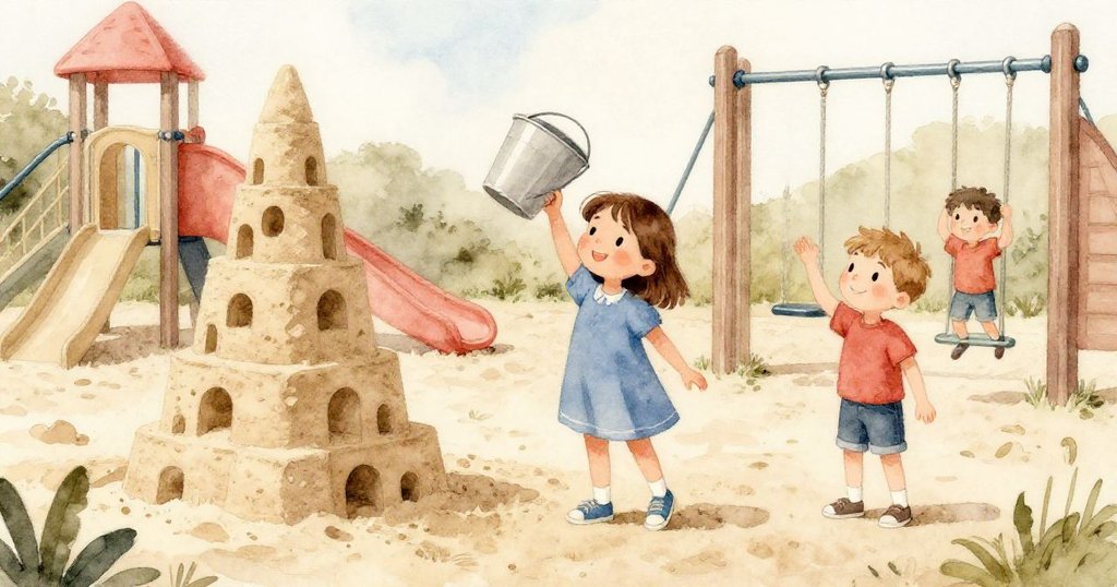 Ella舉起桶展現穩固沙塔,與猴架上Gareth共享希望,操場寬闊明亮,新旅程展現平靜與未來。