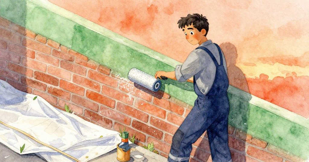 凱恩在半塗綠色的磚牆前使用泡沫滾筒，牆面粉筆塵飛揚，小狗靜臥於旁，呈現忙碌且充滿期待的創作開始