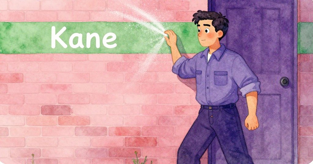 凱恩暫時走開露出未塗色牆面，綠色油漆條與粉筆塵斑點形成鮮明對比，背景留白空曠寧靜