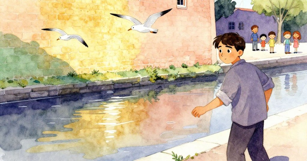 在運河邊倒影中，凱恩濕潤的油漆牆被波光映出清晰輪廓，鷗群低飛，遠處家庭彷彿夢境般相伴