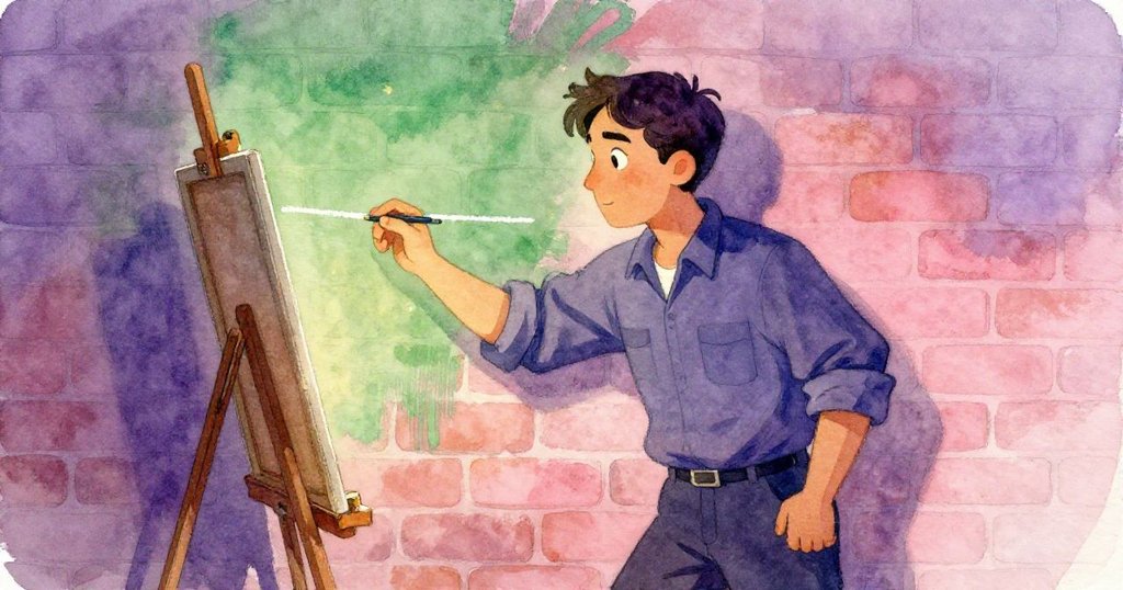 凱恩在參考畫架前靜思，手指輕觸昨日留存的粉筆痕跡與今日油亮綠漆交界，充滿溫柔回憶