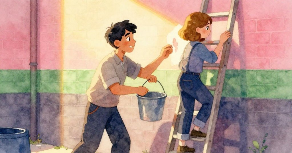 凱恩與亞拉在晨光中重逢，凱恩遞出綠色油漆桶，亞拉站梯上含笑回應，背景呈現統一綠條和溫暖金光