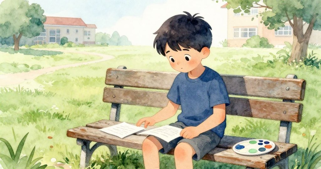 帕爾默在安靜的操場上輕觸剩餘紙張，庭院中透露出森林綠與午夜藍柔和光線，他面露沉思開始冒險。