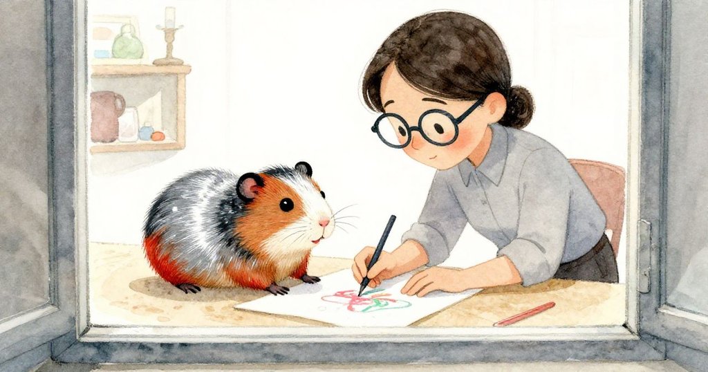 老師透過窗框專注作畫，手中彩筆勾勒出微笑倉鼠，激起伊恩好奇心，藝術靈感悄然綻放。