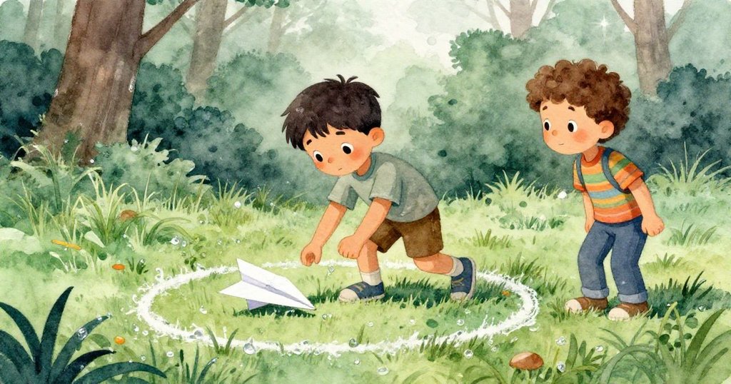 帕爾默蹲於露水草地撿取下垂紙機，伊恩旁觀流露關懷與堅定，露珠與粉筆圈交織自然情景。