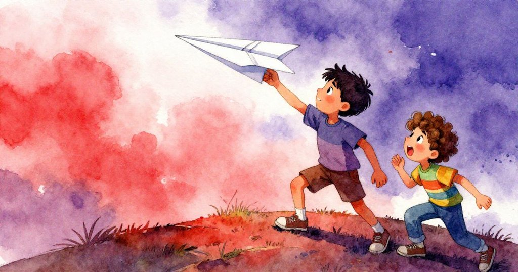 帕爾默在山頂釋放紙飛機迎風飛舞，伊恩興奮注視，風中動感展現，午光映襯紙機妙動。