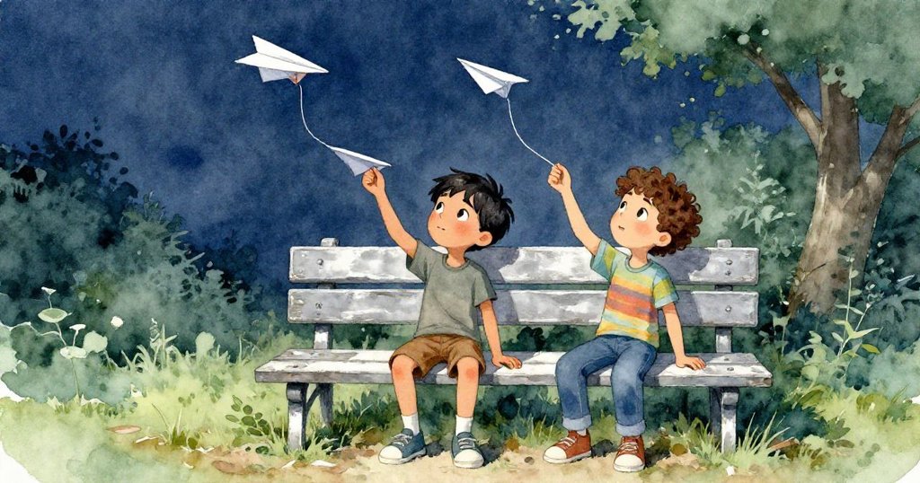 帕爾默跑回長椅拾回紙飛機，伊恩隨行共同分享成功喜悅，晨光中定格溫馨與落幕美好。