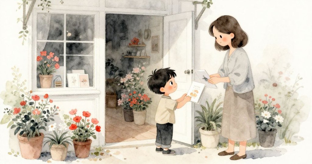 Silas走進花店，充滿好奇，柔和晨光照亮入口，母親整理明信片，空間溫暖迷人。