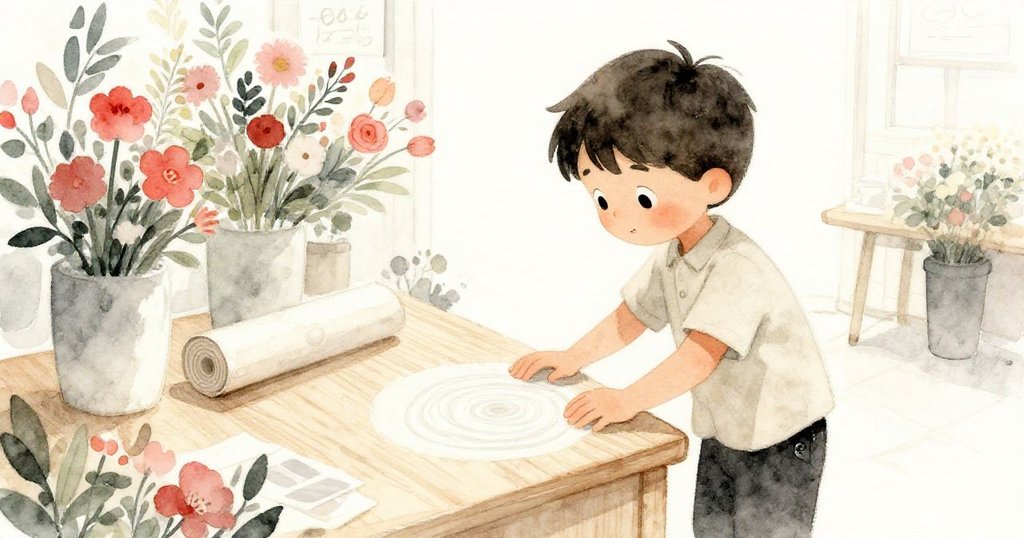 Silas仔細觸摸包裝台木邊水痕，展現歷史痕跡，場景溫柔懷舊，充滿好奇。