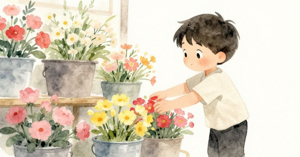 從Silas視角看花桶，粉紅與黃色鮮花綻放卻無橘色，他伸手搜尋，略顯失落。