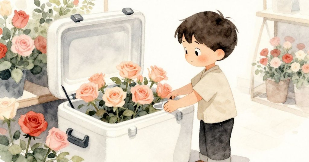 Silas在冷藏區發現桃色玫瑰，輕啟封條，冷空氣中流露出驚奇欣喜，隱秘空間充滿神秘感。