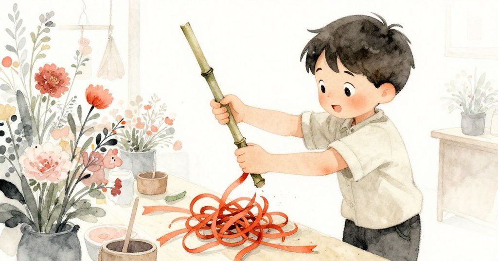 Silas用竹竿巧妙解開橙色緞帶，緞帶優雅展開，專注神情顯示出創造力。