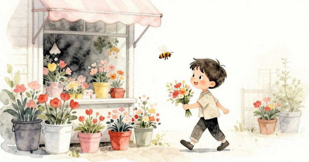 花店外桶旁蜜蜂輕舞，Silas手捧玫瑰微笑走出店外，結尾充滿靜謐魔幻與滿足。