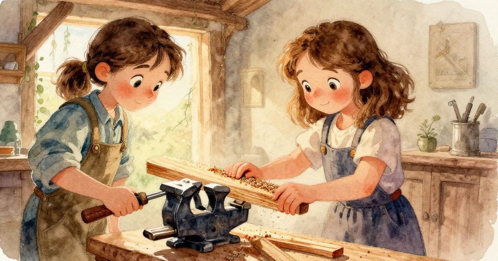 Maeve的雙手細緻打磨木塊，展現木紋與工具動作，工作台上散落木屑，專注神情清晰可見