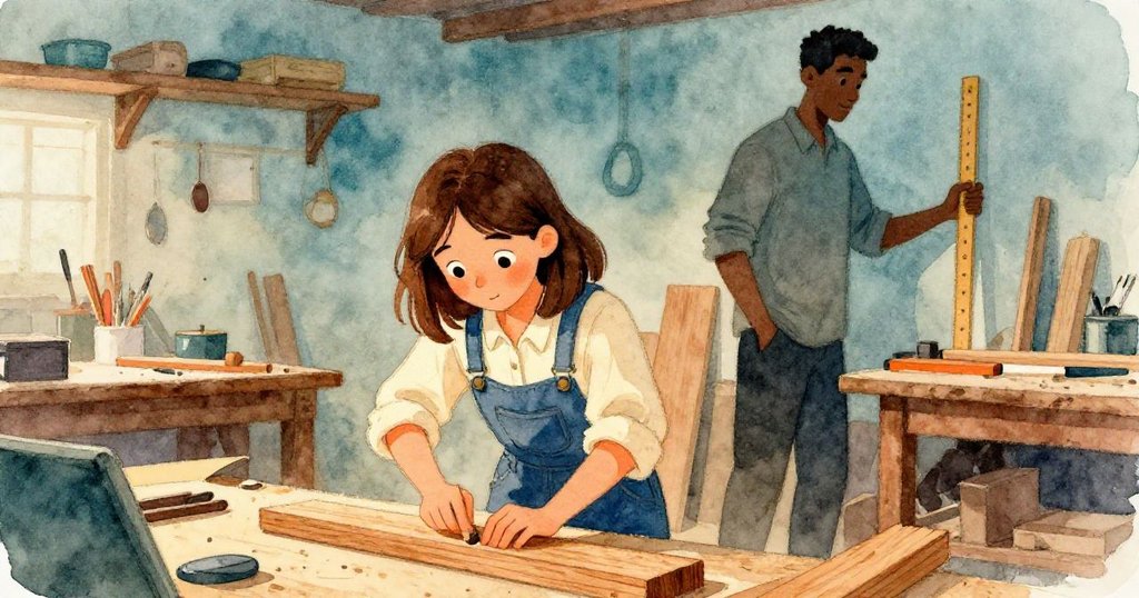 在車間中，Maeve專心打磨木塊，Dale在背景測量新木料，多重焦點呈現工作室豐富層次