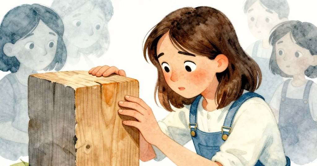 Maeve停下手動作，用拇指輕觸半拋光木塊，冷暖質感對比中流露出沉思表情