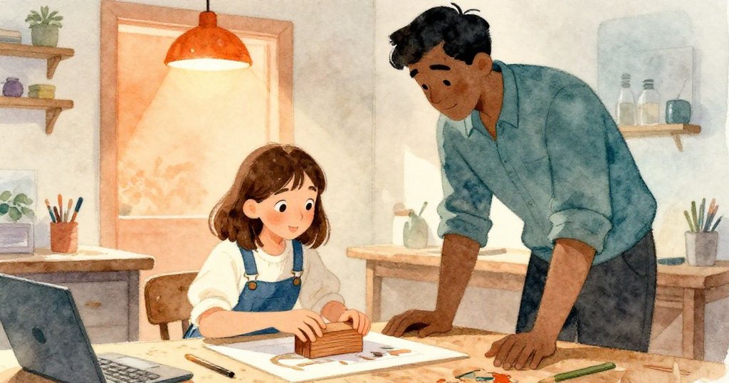 Maeve滿意展示完成木塊，Dale在一旁點頭認可，溫暖光線中呈現工作室成就與喜悅