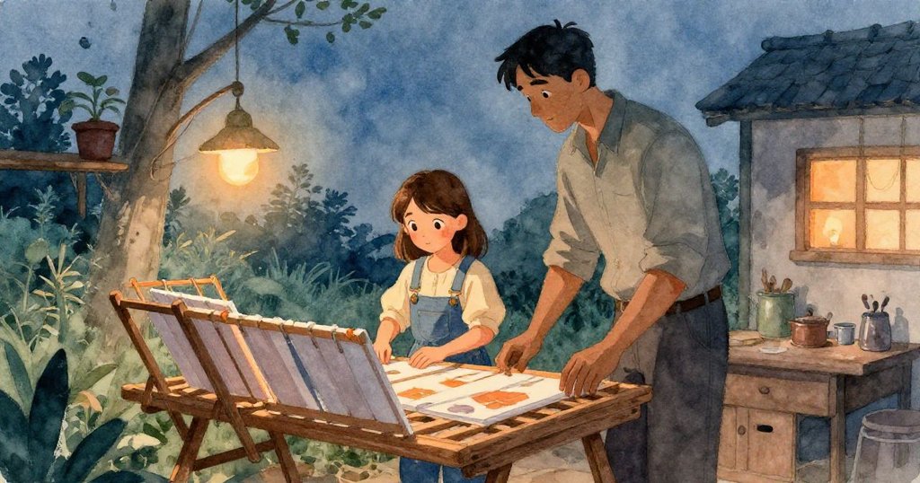 夜幕降臨，Maeve與Dale圍繞晾曬木塊，柔和夕光中展現團隊合作與工作成果的平靜感