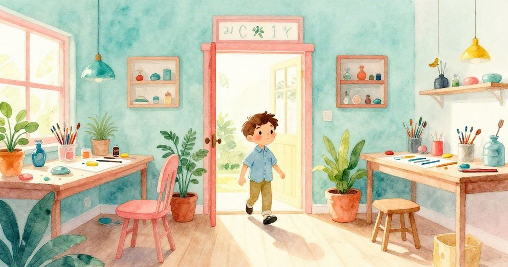 Grey走進明亮的工作室，背景有黏土、捲軸和工具，臉上流露著期待與喜悅，場景充滿溫暖色調。