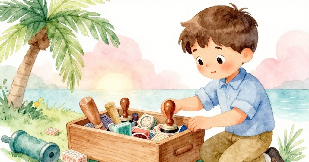 Grey正仔細打開木櫃中的印章箱，他的手輕觸物件，背景工具整齊排列，充滿好奇與專注。