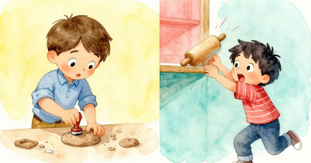 左邊的Grey用力壓印章在黏土上，右邊的Basil因滾軸撞擊櫃子而露出驚訝，場景充滿動感與細節。