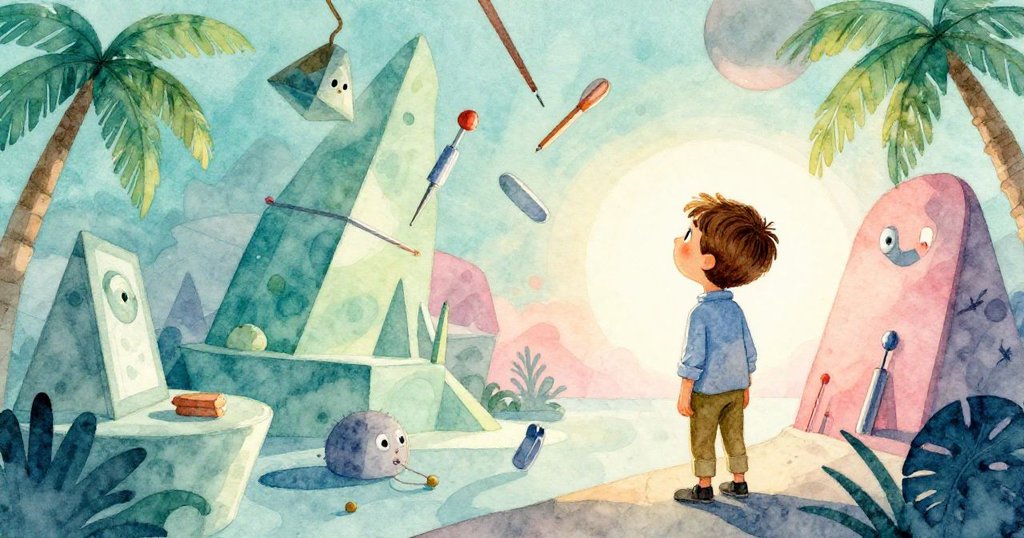 Grey站在變幻的工作室中，環境中工具漂浮排列呈現超現實角度，他滿懷好奇，場面夢幻且富有詩意。