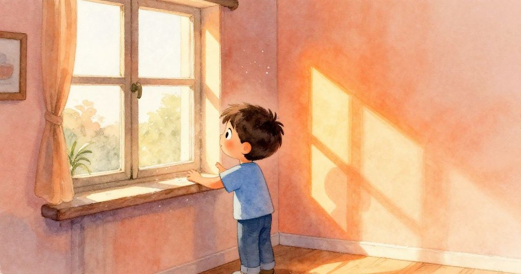 約克輕觸粉狀光滑窗台，橙色光束滑過牆面，室內充滿溫暖陽光和漂浮微塵，傳遞出寧靜好奇氛圍