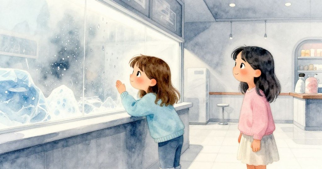 Ada靠在冰冷玻璃上輕觸霧氣，Lucia依偎在旁共享靜謐瞬間，店內透出冰藍與銀灰溫柔光影。