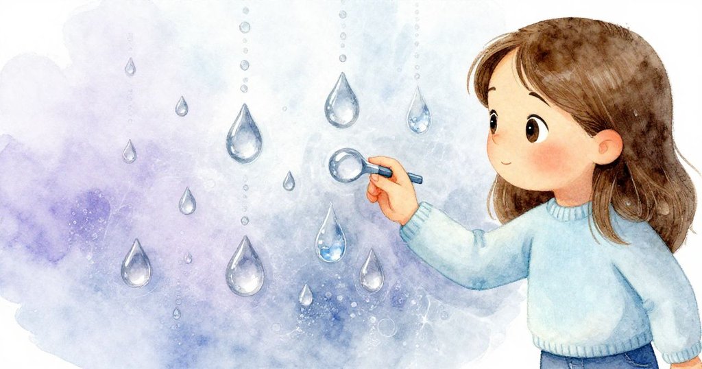 Ada專注用手指探索玻璃上優雅的滴珠紋理，展現出細膩與耐心的發現，細節突出。