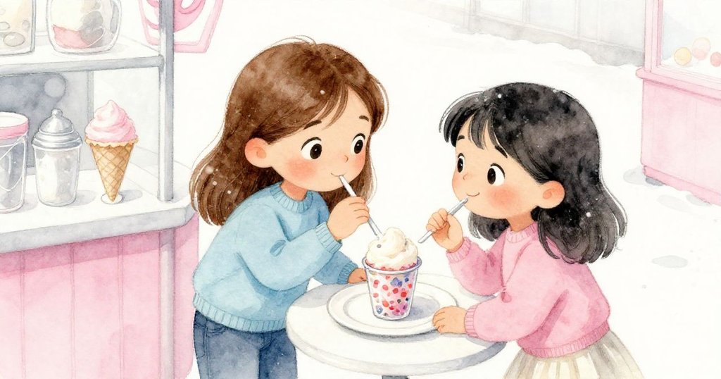 從高角度俯瞰，Ada與Lucia在櫃台共享灑粉器，專注而溫柔互動，展現出店內靜謐細膩的情感瞬間。