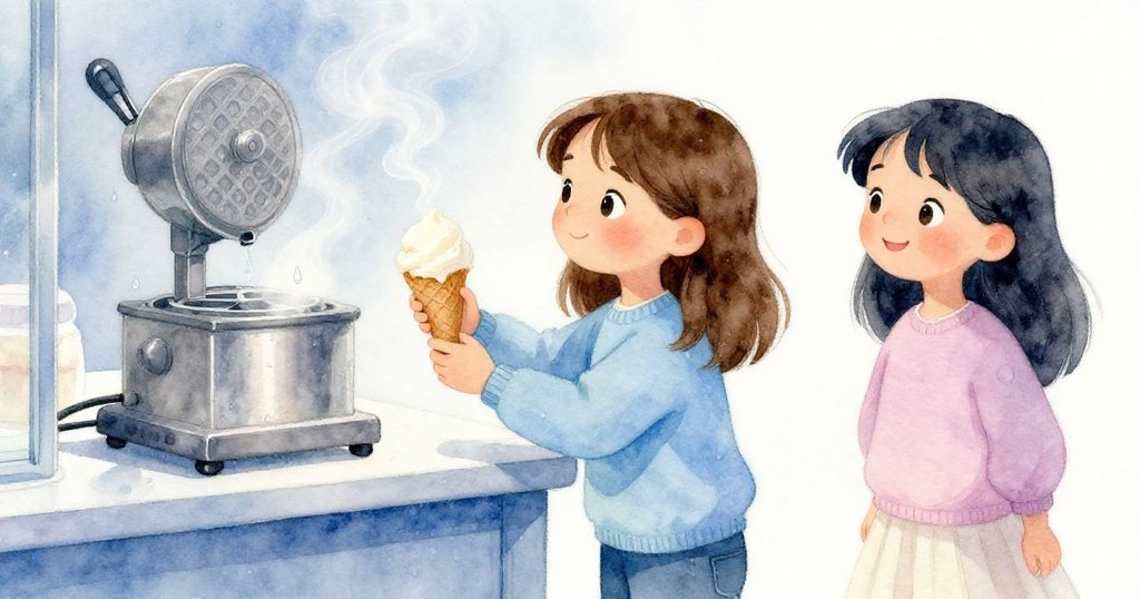 蒸氣從華夫機中湧現，與玻璃上再現的滴珠交織，Lucia專注調整冰淇淋，營造出溫暖與清冷交錯的氛圍。