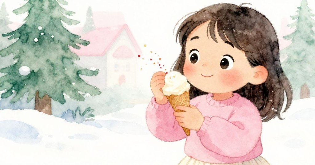 Lucia驚喜發現紛飛的糖粉，神情專注地調整巧克力冰淇淋，畫面流露出微妙而活潑的互動和光影。