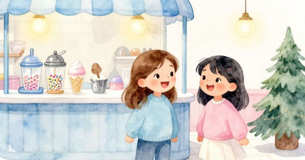 寬闊畫面展示冰淇淋店內，Ada與Lucia歡笑共享甜美時光，櫃檯上灑粉器與糖粉環繞，場面溫馨動人。