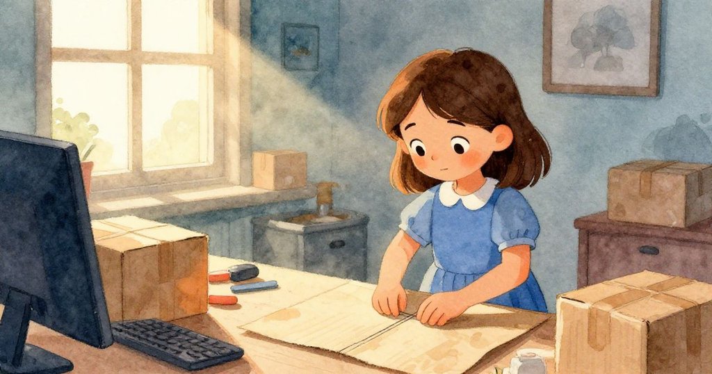 露西亞在柔和晨光中進入包裝站,正用心摺疊紙箱角,表情專注,背景充滿溫暖色調。