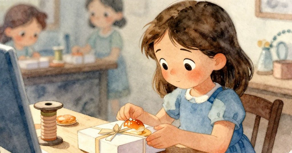 露西亞仔細檢查附有歷史痕跡的糕點盒和絲帶捲,手法細膩,光影柔和。