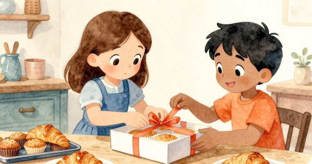 露西亞與克魯茲攜手放入點心,綁好絲帶,臉上洋溢著合作與喜悅。