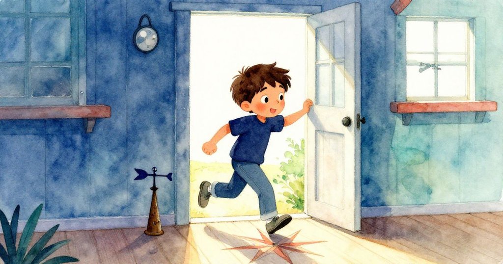 Cruz走出開放門口，天光初現，專注地固定紙張於風向標上，充滿期待。