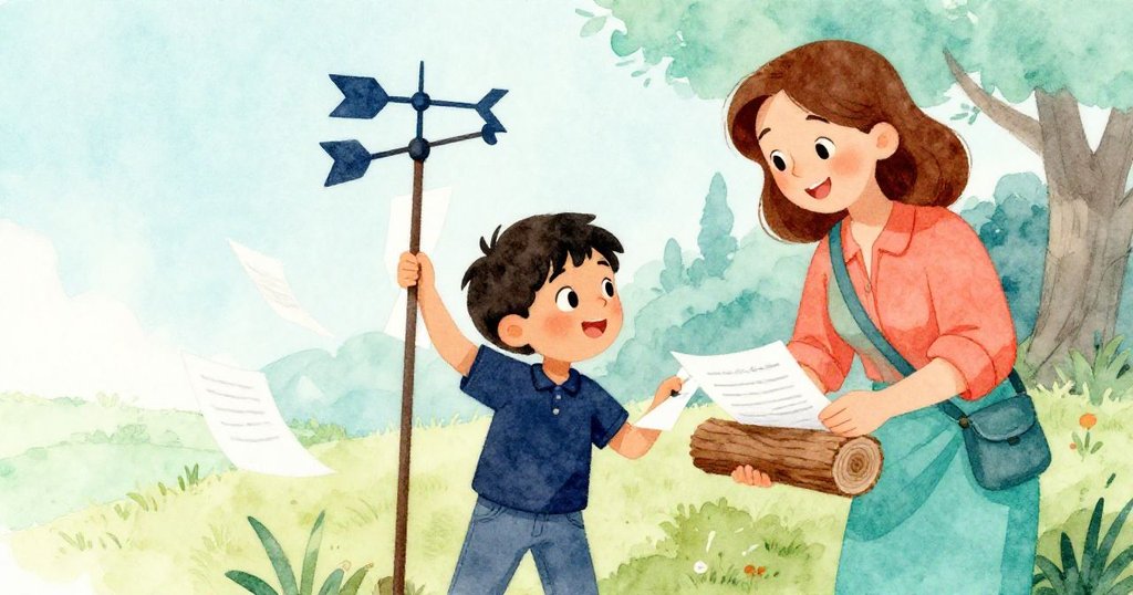 Cruz與Janet在室外互動，紙張、記錄本與風向標層次分明，協作專注。