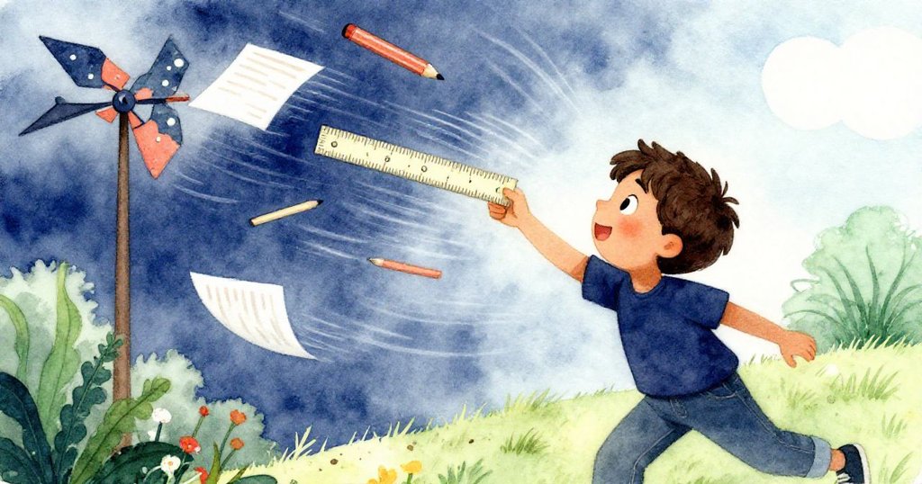 強風掀起風向標與紙張飛舞，Cruz緊追掉落的尺子，動態緊張。