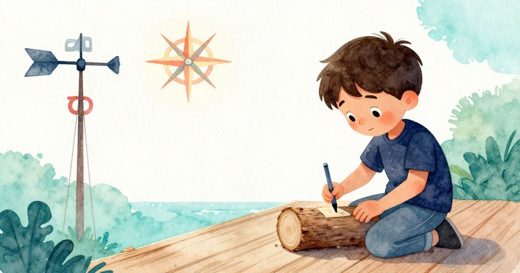 Cruz在明媚陽光下抄寫風向記錄，平靜專注，故事續寫著未來。