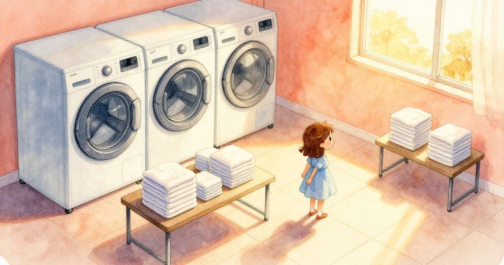 奧黛特與比亞在洗衣房開始忙碌,乾衣機運轉毛巾整齊排列,溫暖光線灑落整個空間