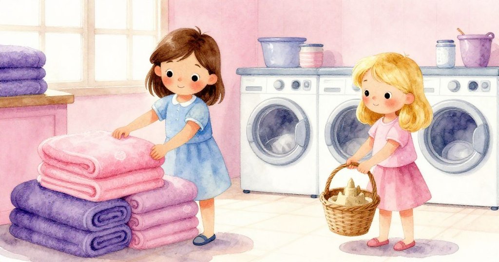 奧黛特精心整理毛巾,比亞提著沙堡狀桶管理襯衫,兩人各自忙碌展現有序與輕微混亂