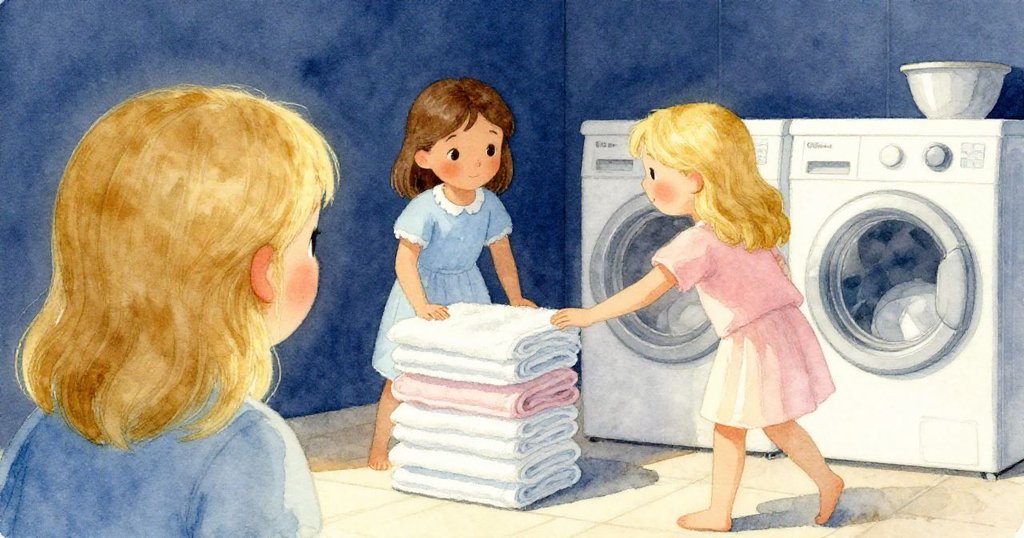 比亞從背後觀看奧黛特推動毛巾,布料滑動碰觸門邊物品,細節呈現室內動態互動