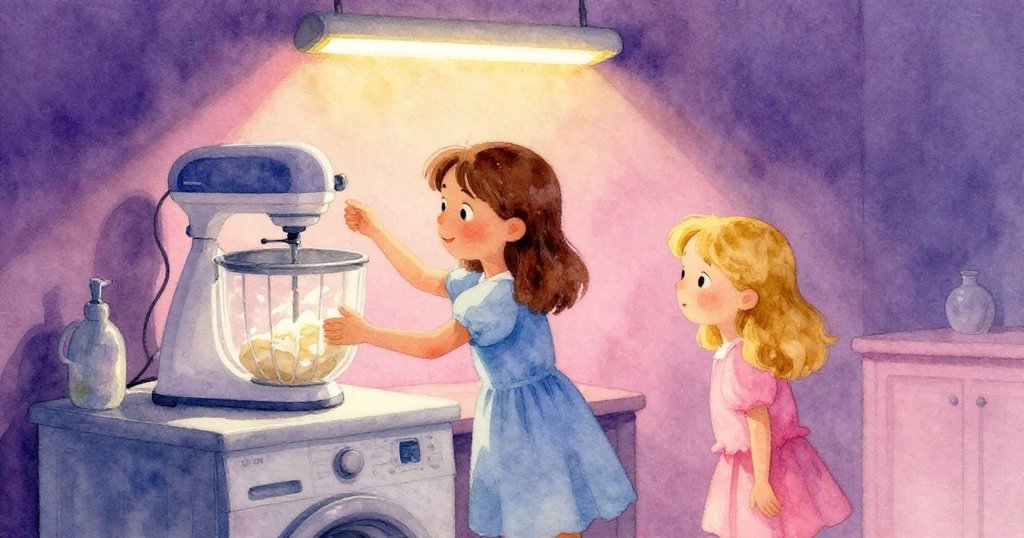 洗衣房燈光閃爍,攪拌機節奏穩定,奧黛特與比亞注視四周,環境似黃昏季節般靜謐